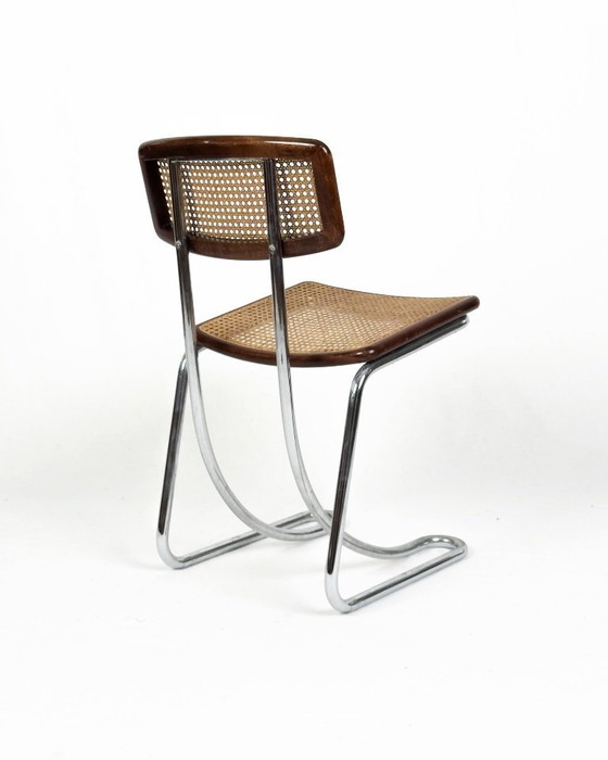 Image 1 of Set van 4 vintage cantileverstoelen in chroom, hout en Weens riet, jaren 70.