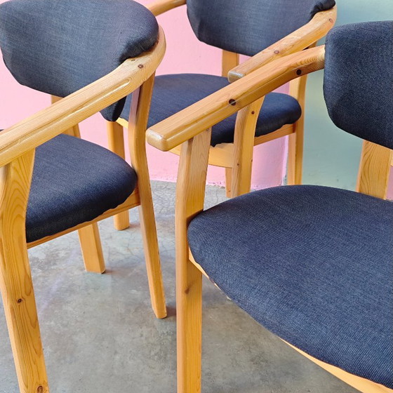 Set of 4 wooden dining chairs with dark blue upholstery, Textile, Brown, Scandinavian (photo 6 of 7)