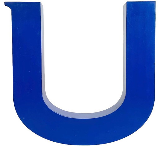 Vintage Blue Iron Facade Letter U, 1970s