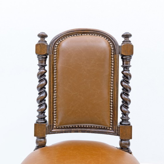 Image 1 of Six of Antique Italian Neo-Renaissance Walnut Dining Chairs in Genuine Leather.