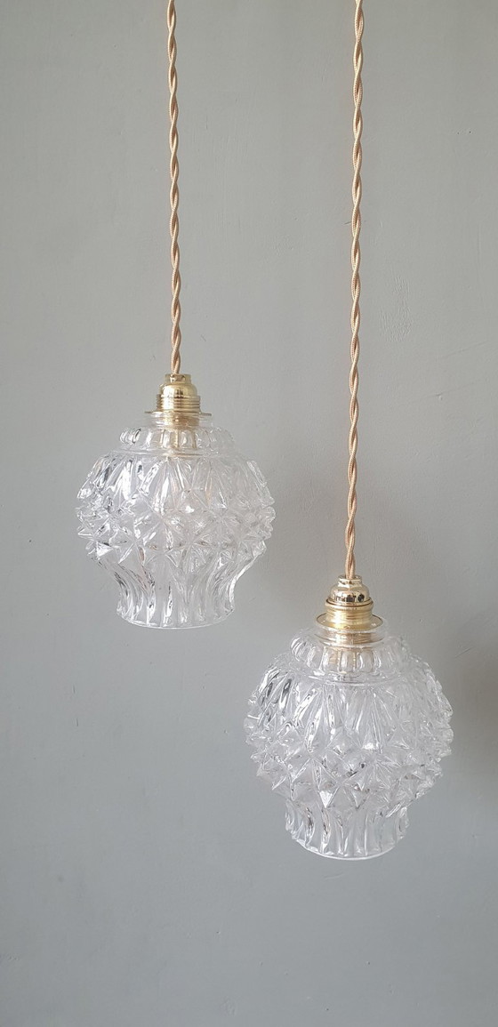 Image 1 of Set van 2 Vintage getextureerde bollampen - hanglampen - midcentury design. 