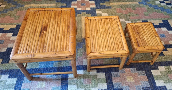 Image 1 of Mid Century Set of 3 Nesting Patinated Bamboo Tables, 1960s