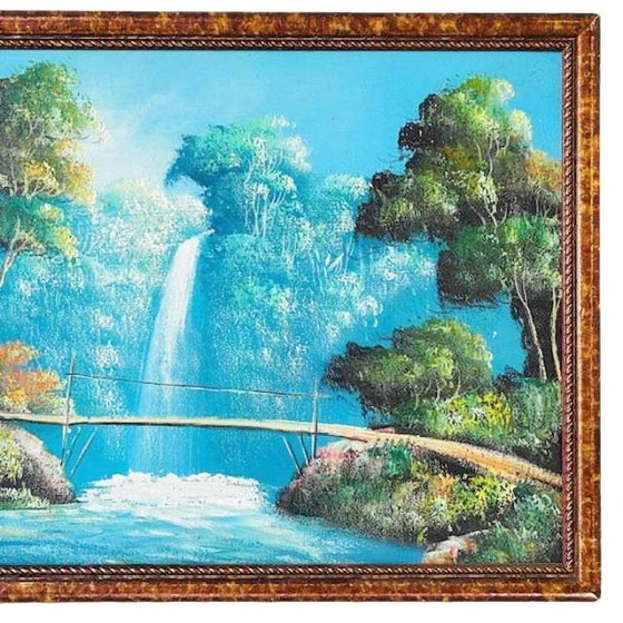Image 1 of Vintage Indonesiano pittura ad olio XL paesaggio cascata