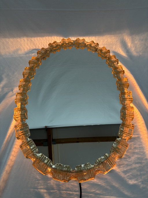 Specchio vintage illuminato in vetro ghiacciato di Honsel Leuchten 1970!