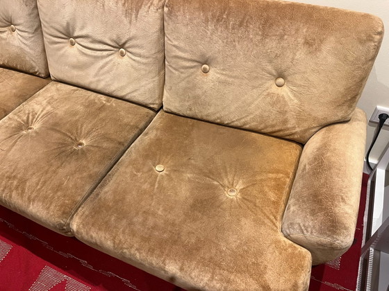 Canapé vintage avec fauteuil assorti Daim marron, Canapés 3 places, Chrome (photo 3 sur 7)