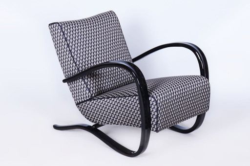 Fauteuil Art Déco restauré, par J. Halabala, UP Zavody, hêtre, République tchèque, années 1930 – Textile, Wood
