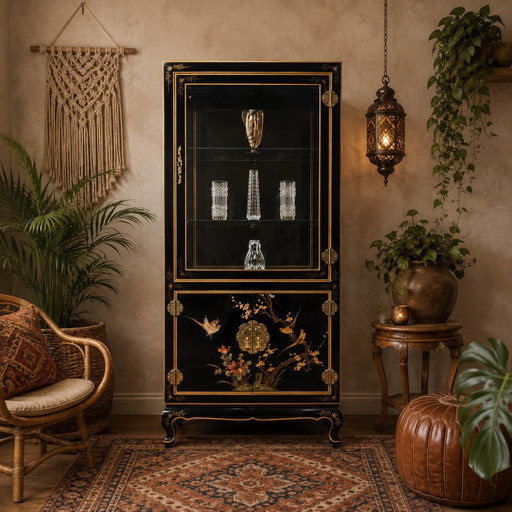 Vintage Chinese Vitrinekast Bloemen En Vogels / Bohemian Vitrinekast / Aziatische Kast – vitrinekasten, Wood, Glass