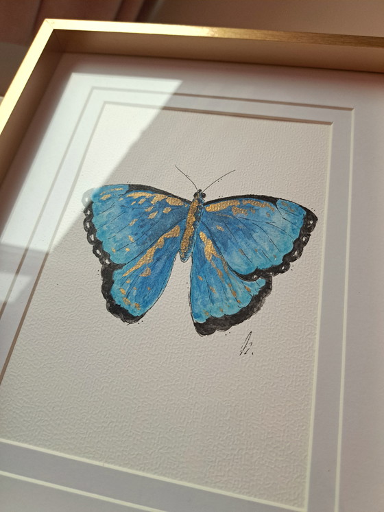 Image 1 of Pintura de acuarela Mariposa Morfo Azul | Marco dorado
