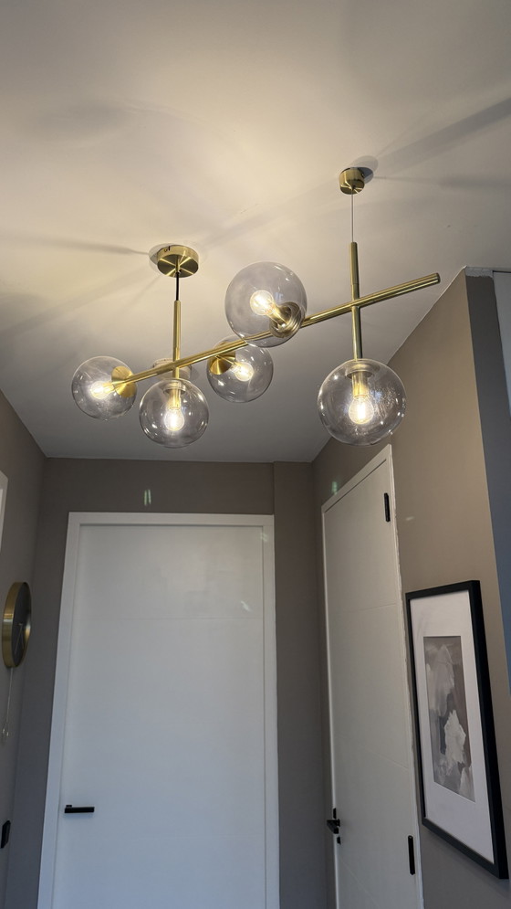 Image 1 of Brass & Smoked-Glass Multi-Globe Pendant Light