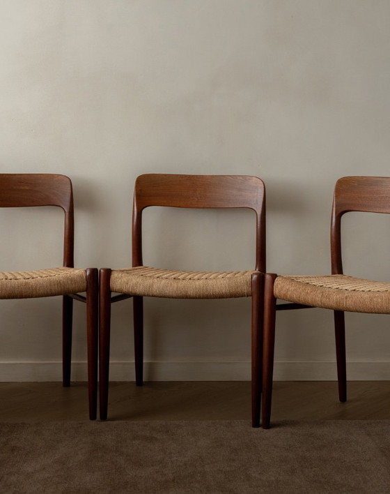 Image 1 of Vintage Danish Dining Chairs Model 75 by Niels Otto Møller for J.L. Møllers Møbelfabrik, Teak Paper Cord Chairs, 1950s, Set of 4
