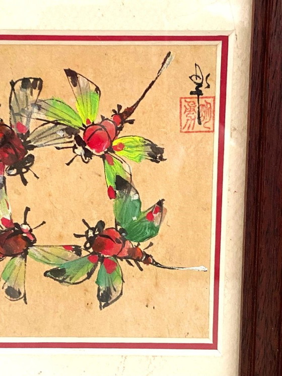 Image 1 of Dessin Aquarelle Polychrome Libellules Akitsu Dragonfly Japon 1950 Art Encadré