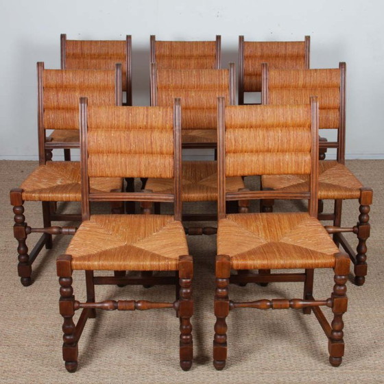 Image 1 of Ensemble de 8 chaises paillées en bois massif, 1940