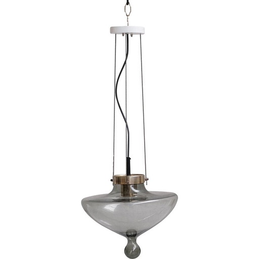 Paar vintage hanglampen van gerookt glas en messing voor Raak, Nederland 1970