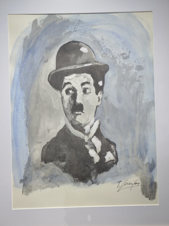 Image 1 of Lithografie van Charlie Chaplin in een lijst