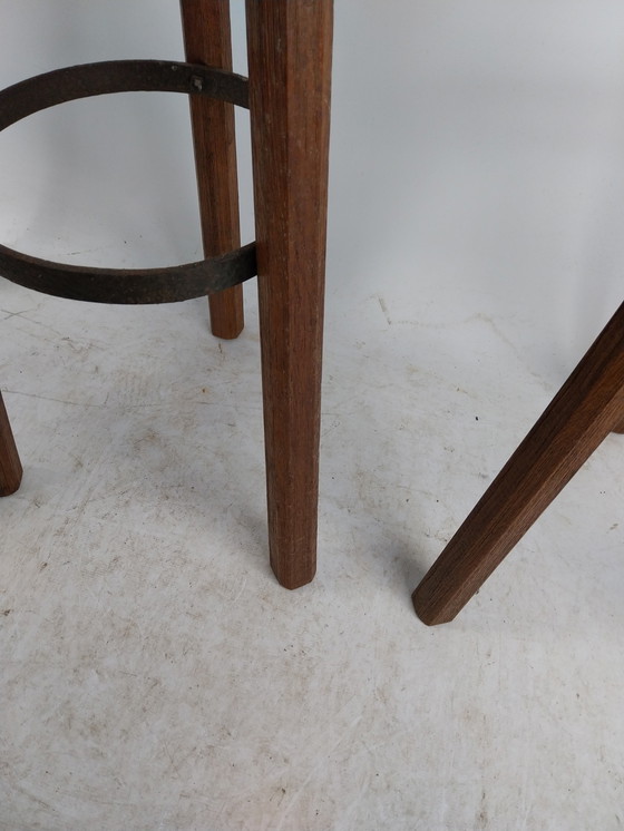 Image 1 of 3 X Brutalist Barstools 1970's Wrought Iron And Wood