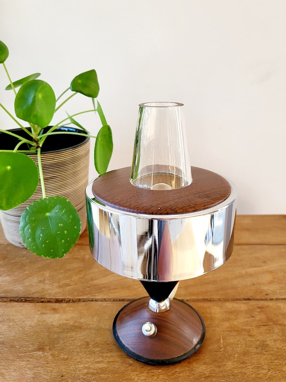 Image 1 of Vintage table lamp, round wooden base finished with chromé, 1950s