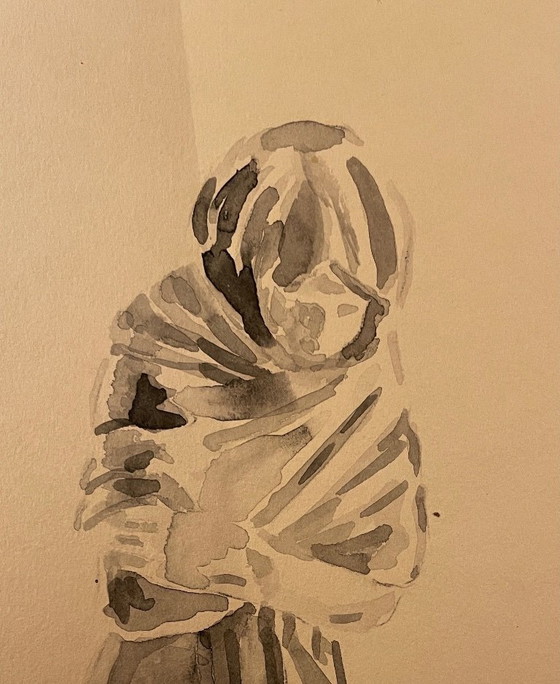 Image 1 of monochrome sepiafarbene Aquarellstudie der Statue „Die zitternde Frau“ von Houdon