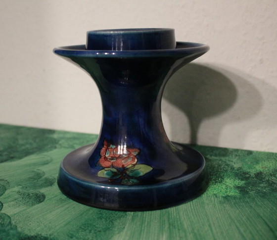 Image 1 of Ceramic candle holder, blue, hand-painted with red flowers