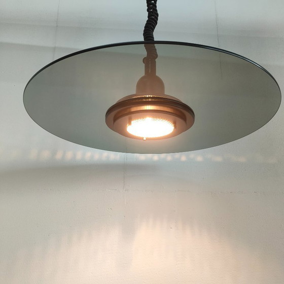 Image 1 of Vintage Verstelbare Ronde "Ufo" Glazen Plafondlamp (smokeglass)