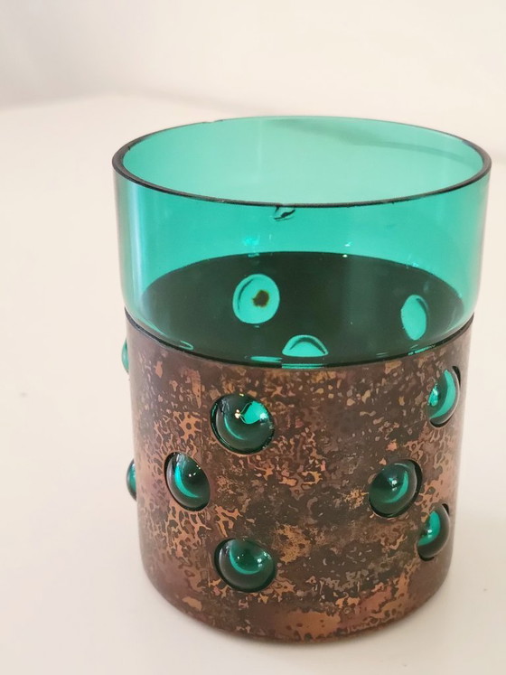 Vintage Brutalist drank set van groen glas en gepatineerd koper – Glazen & Karaffen, Copper (photo 9 of 9)