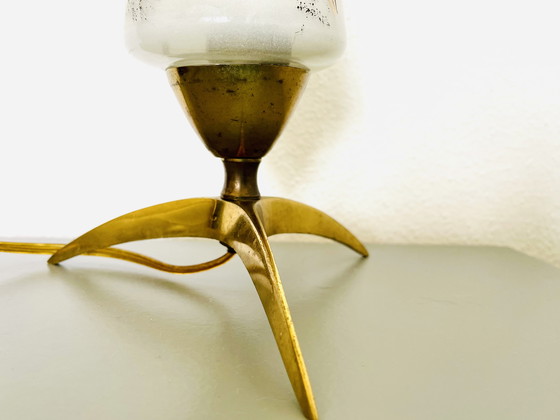 Image 1 of Space Age mid century modern brass tripod table lamp with opaline glass lampshade, 1950s