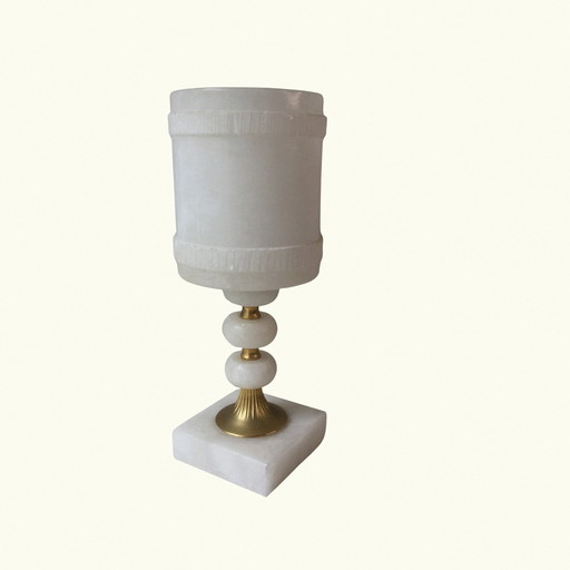 Lampe en albâtre vintage - Lampe à poser en albâtre blanc et laiton