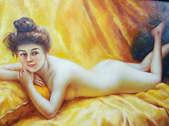 Image 1 of Oil on canvas "Nude with Cushion" "The Lazy Woman" after Daniel Hernández Morillo