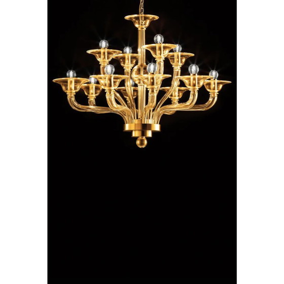 Image 1 of Moderner, bernsteinfarbener, linearer Kronleuchter aus Muranoglas in Gold im zeitgenössischen Stil