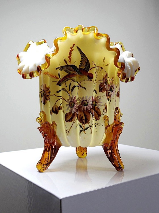 Image 1 of Antique tripod vase, opaline glass, glazed, 19th-20th century, Victorian style