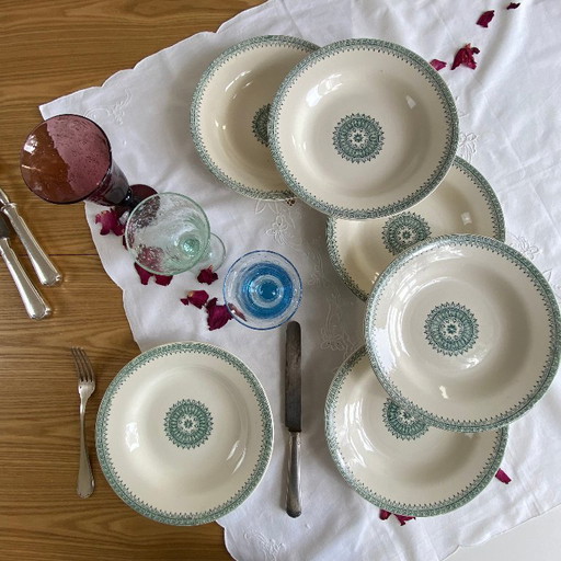 Set aus 6 antiken Creil- und Montereau-Suppentellern aus Steingut, englisches grünes Service