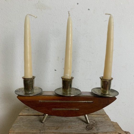 Image 1 of Stylish mid‑century modern candlestick JRUS‑Metall GmbH – wood+metal Germany 1960s
