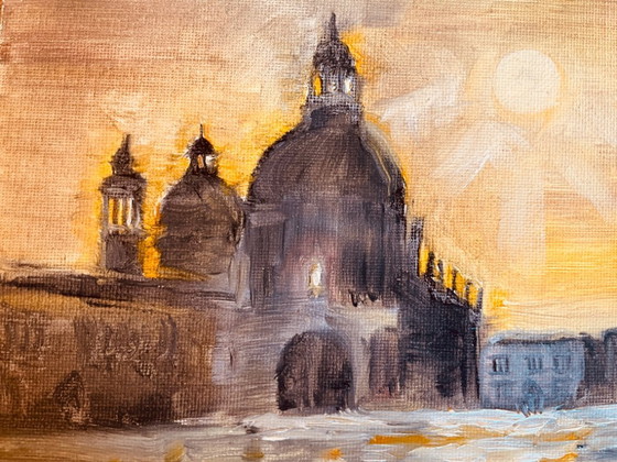 Image 1 of Signed oil painting on canvas, Venice landscape "Santa Maria" at sunset