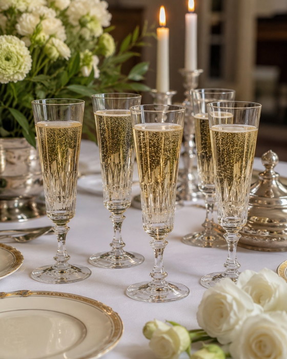 Image 1 of Set van 5 Val Saint Lambert Théodora kristallen champagneflutes – Antiek handgeslepen kristal, gedocumenteerd in de catalogus va