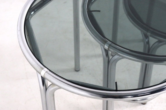 Image 1 of Italian round chrome nesting tables smoked glass vintage