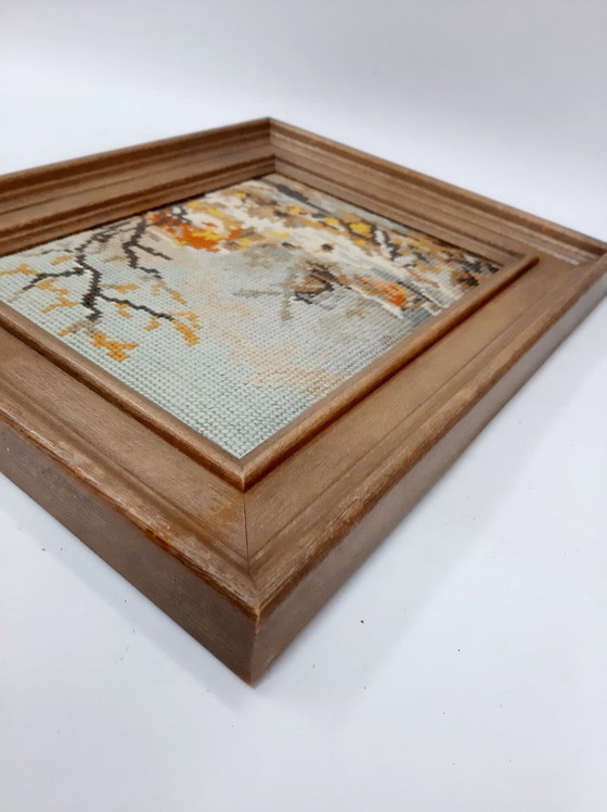 Image 1 of Punto croce tedesco d'epoca, paesaggio invernale, incorniciato