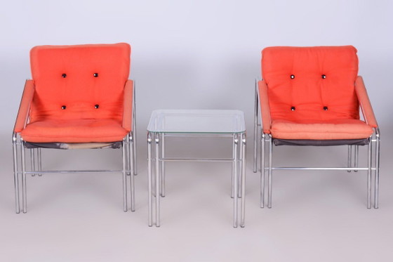 Originele 20e-eeuwse zitset met tafel, chroom, glas, Slowakije, jaren 70 – Stoelen / fauteuils, Textile (photo 3 of 14)