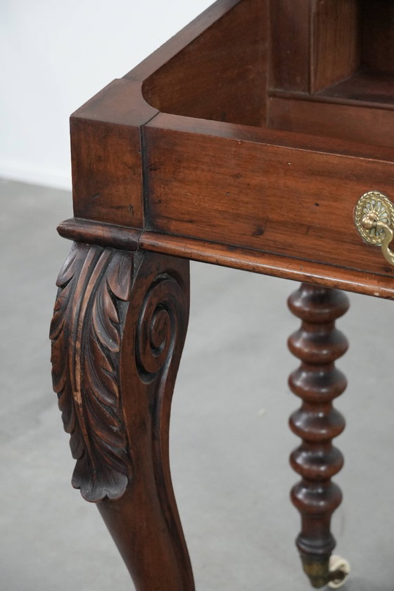 Image 1 of 19th century English antique oak wall desk/writing table on castors