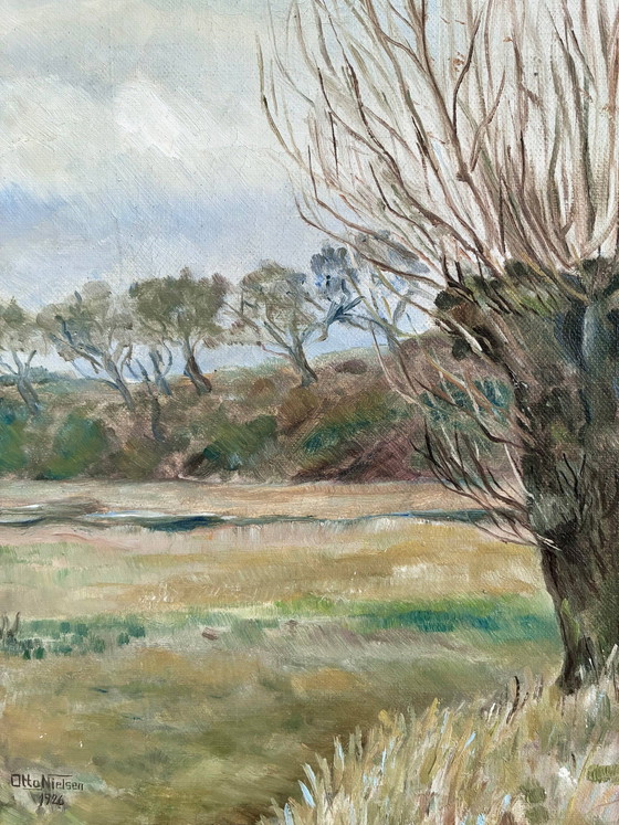 Image 1 of Peinture à l'huile originale ancienne représentant un paysage de campagne, signée.