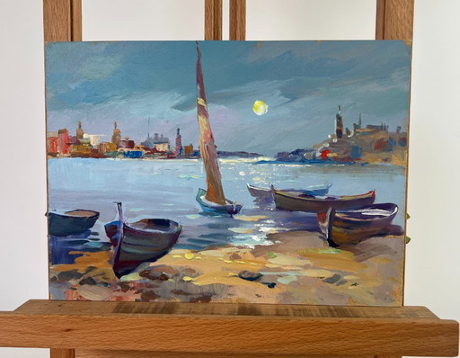 Pintura al óleo original: Paisaje urbano fluvial con barcos bajo la luna.