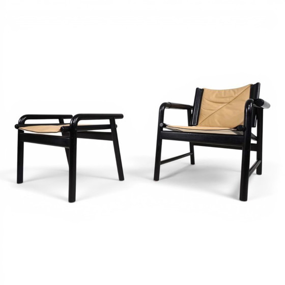 Image 1 of WK Möbel leren fauteuil met voetenbank – toegeschreven aan Hans Eichenberger, 1970