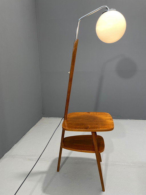 Art Deco Floor Lamp with Milk Glass and Side Table, 1950s – Czechoslovakia