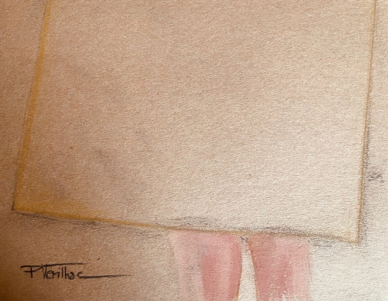 Image 1 of Tableau pastel signé sur papier ancien « modèle féminin dans l’atelier »