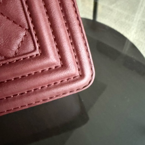 Image 1 of Chanel Boy Medium - 25CM Quilted Limited Edition Paris-Dallas Metal Edge Grained Calfskin Burgundy Silver Hardware Series 19
