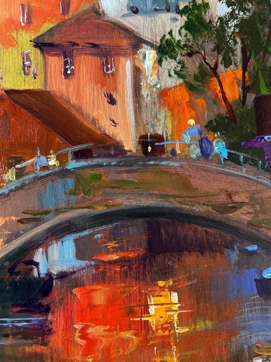 Image 1 of Original Oil Painting River Street Landscape Bridge connecting the city banks