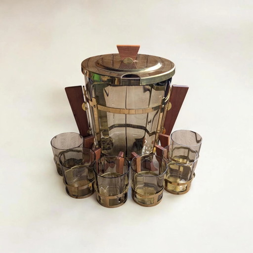 Rare Service à Punch Vintage des Années 1930 – Verre Fumé, Laiton & Bois de Teck