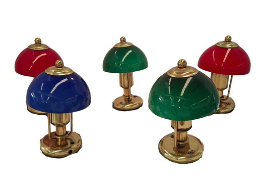 Set of 5 Vintage Nautical Style Lamps – Brass and Colored Glass – 23cm