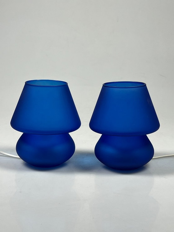 Image 1 of Ensemble vintage de lampes champignon en verre bleu, Habitat, années 1980