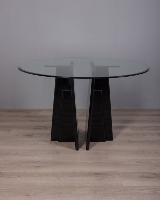 VINTAGE 1980s ROUND TABLE IN BLACK WOOD AND GLASS, ITALIAN DESIGN