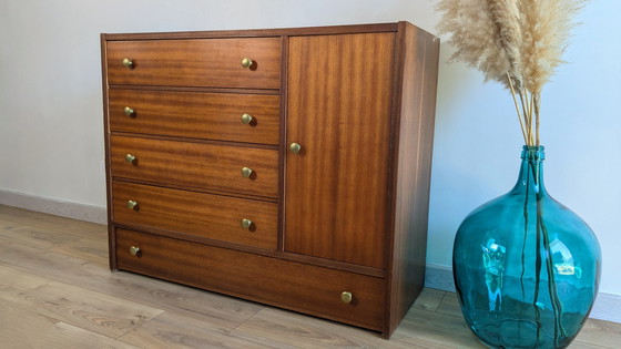 Image 1 of Vintage Scandinavian Wood and Brass Chest of Drawers