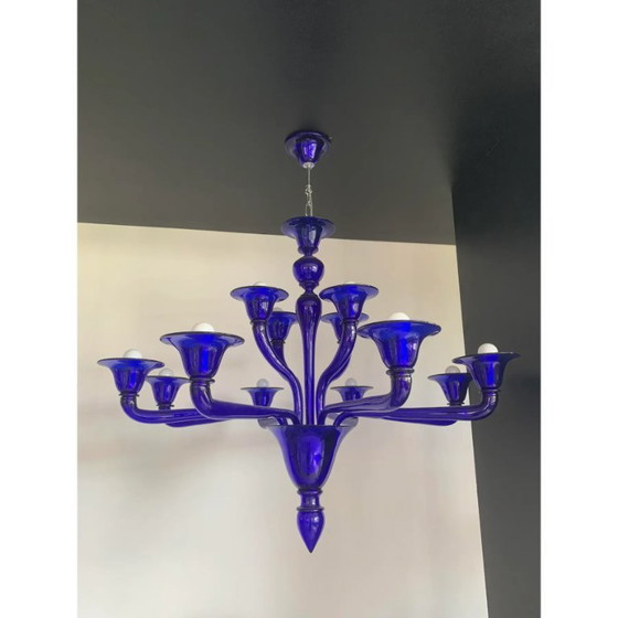 Image 1 of Blauer Glasleuchter, zeitgenössisch, Murano zugeschrieben